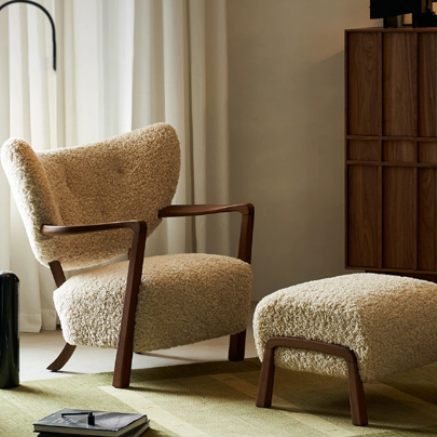 Cream Sherpa Lounge Chair and Ottoman Set Framed in Walnut Wood