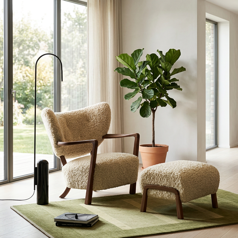 Cream Sherpa Lounge Chair and Ottoman Set Framed in Walnut Wood
