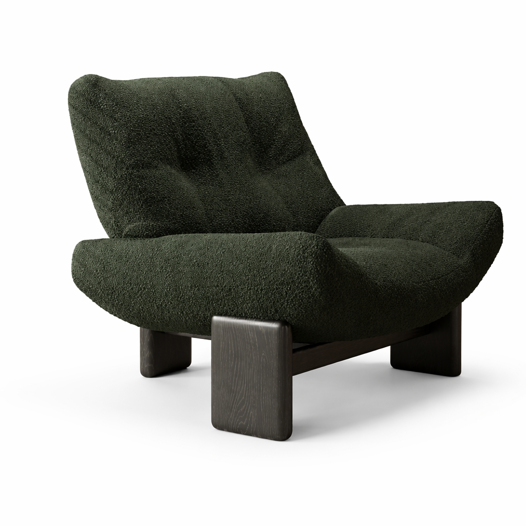 Deep Green Textured Lounge Chair Resting on Black Wood Block Legs