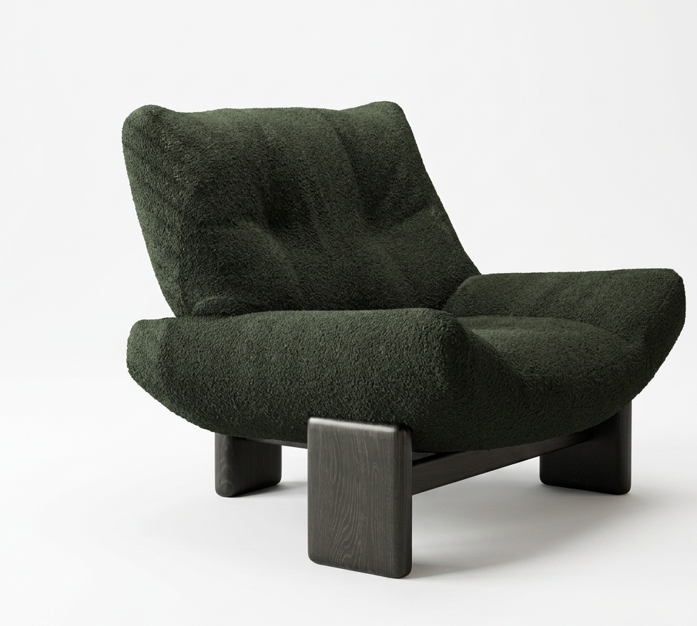Deep Green Textured Lounge Chair Resting on Black Wood Block Legs
