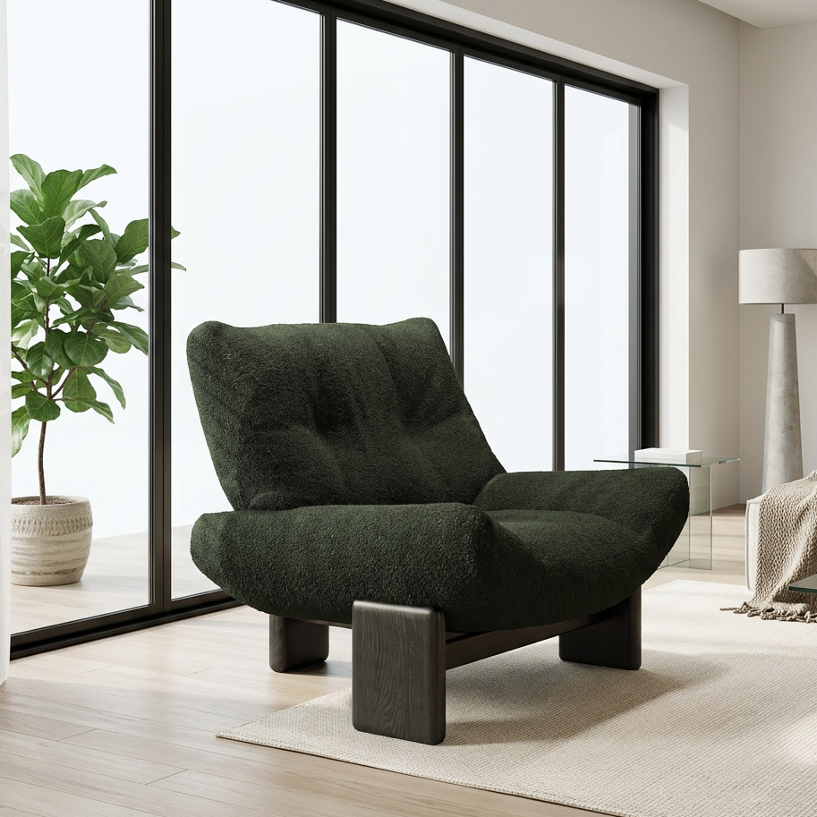Deep Green Textured Lounge Chair Resting on Black Wood Block Legs