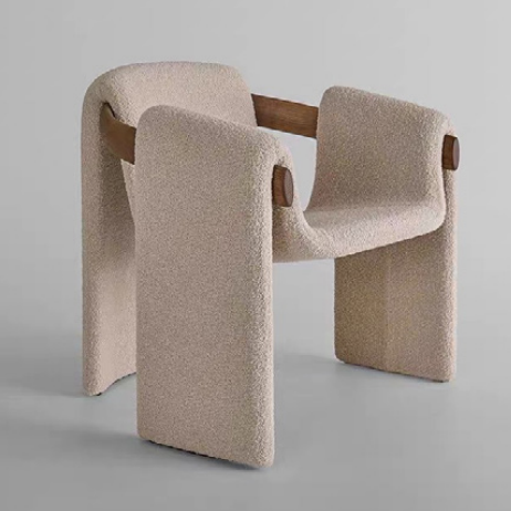 Cream Boucle Architectural Chair Defined by a Through-Wood Back Rail