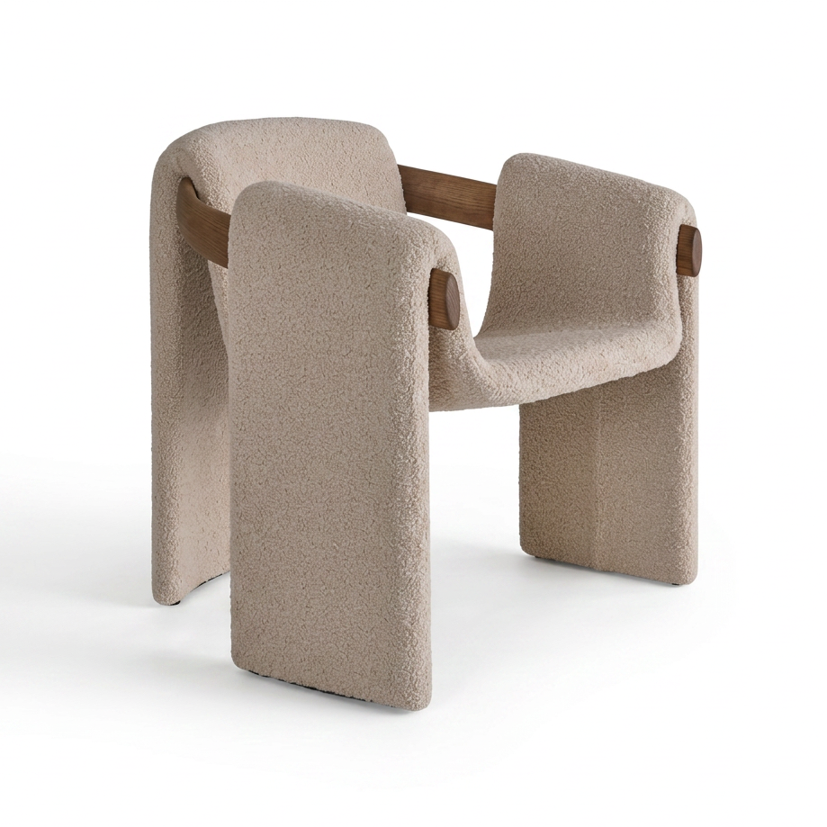Cream Boucle Architectural Chair Defined by a Through-Wood Back Rail