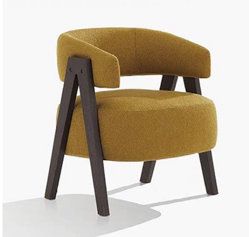 Mustard Boucle Barrel Chair Structured by Dark A-Frame Wood Legs