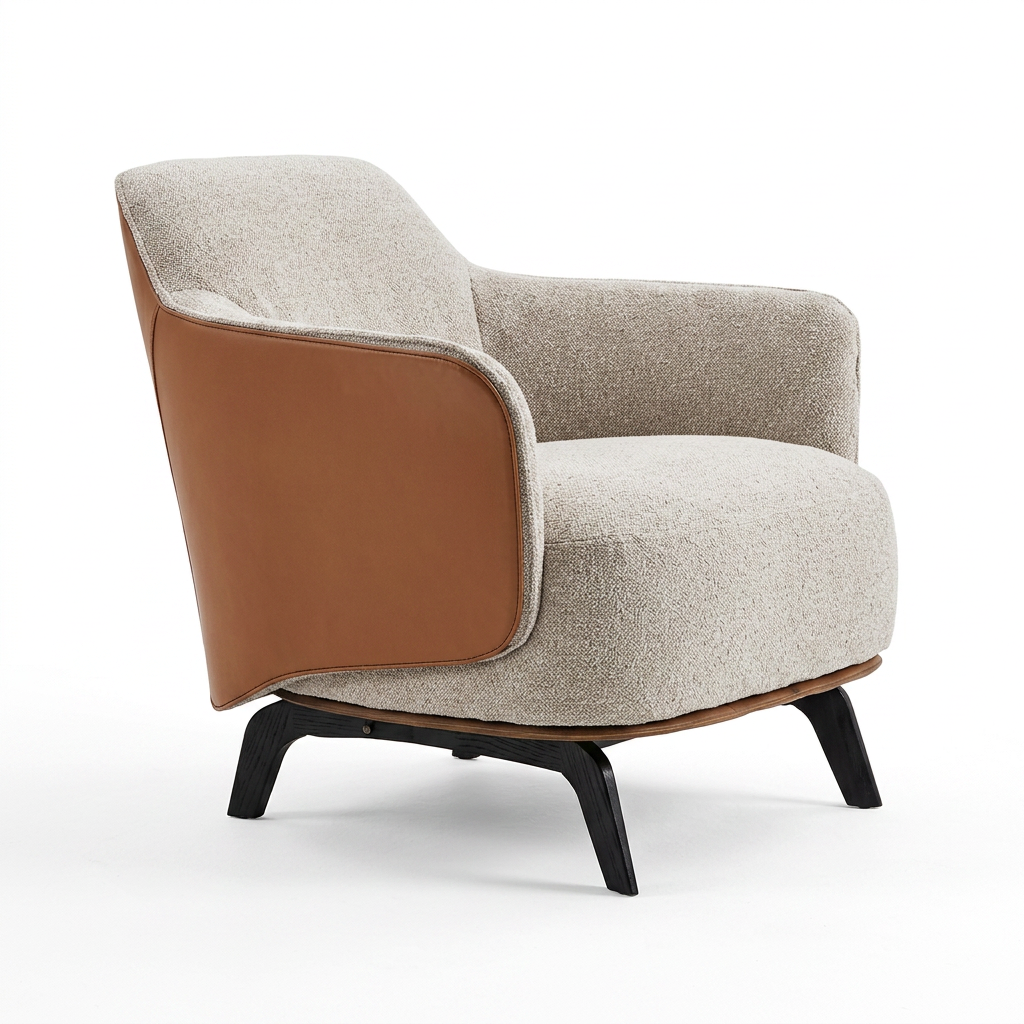 Two-Tone Lounge Chair Blending Taupe Fabric and Cognac Outer Back