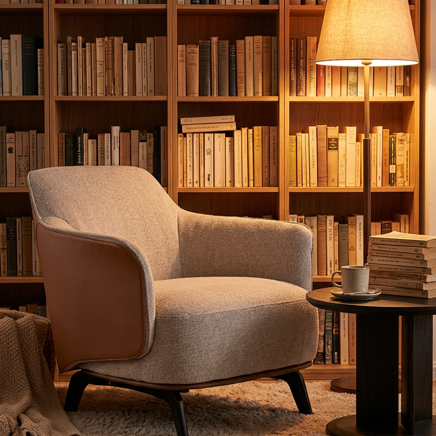 Two-Tone Lounge Chair Blending Taupe Fabric and Cognac Outer Back