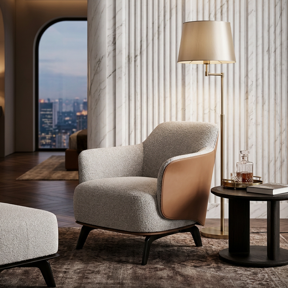 Two-Tone Lounge Chair Blending Taupe Fabric and Cognac Outer Back