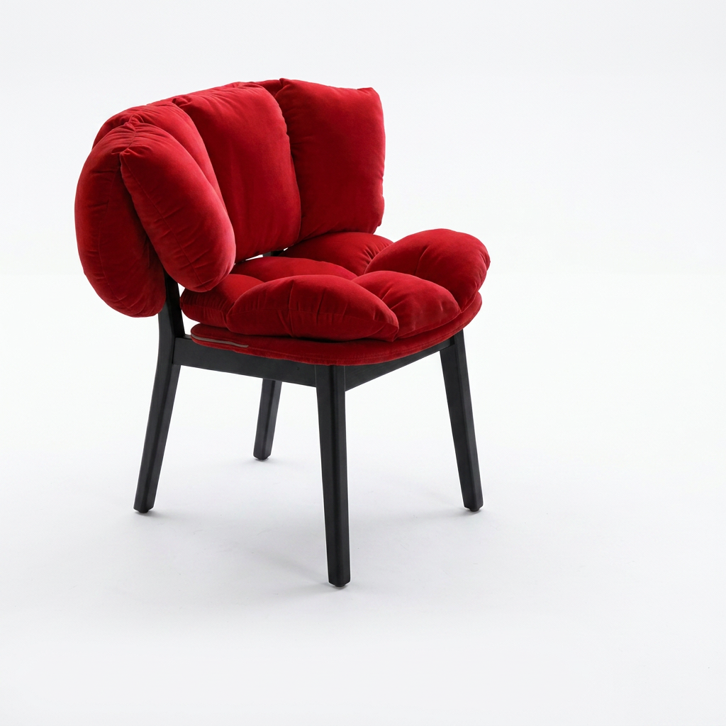 Red Velvet Pillow Chair Built from Segmented Cushion Blocks