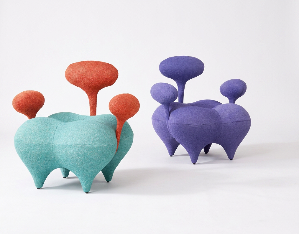 Sculptural Mushroom Accent Chair Built with Colorful Upholstered Stems