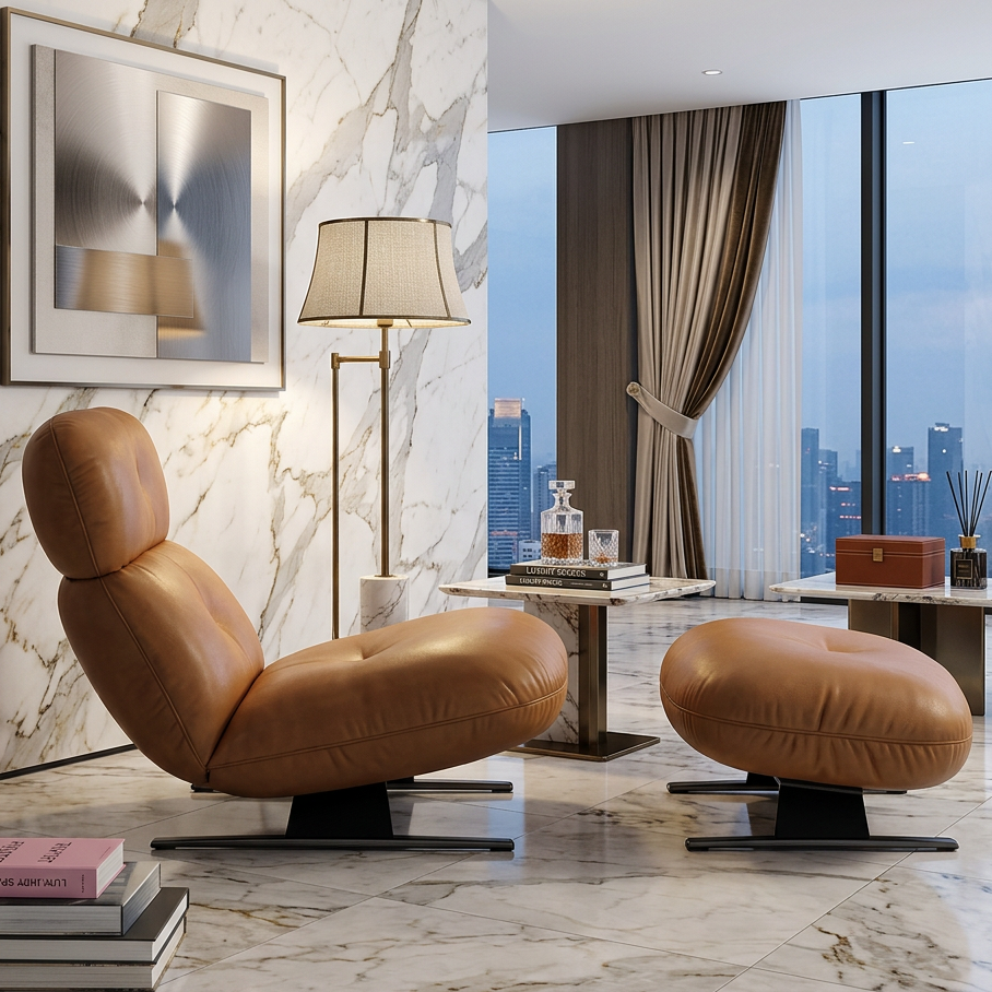 Caramel Leather Recliner and Ottoman Set on Low Metal Bases
