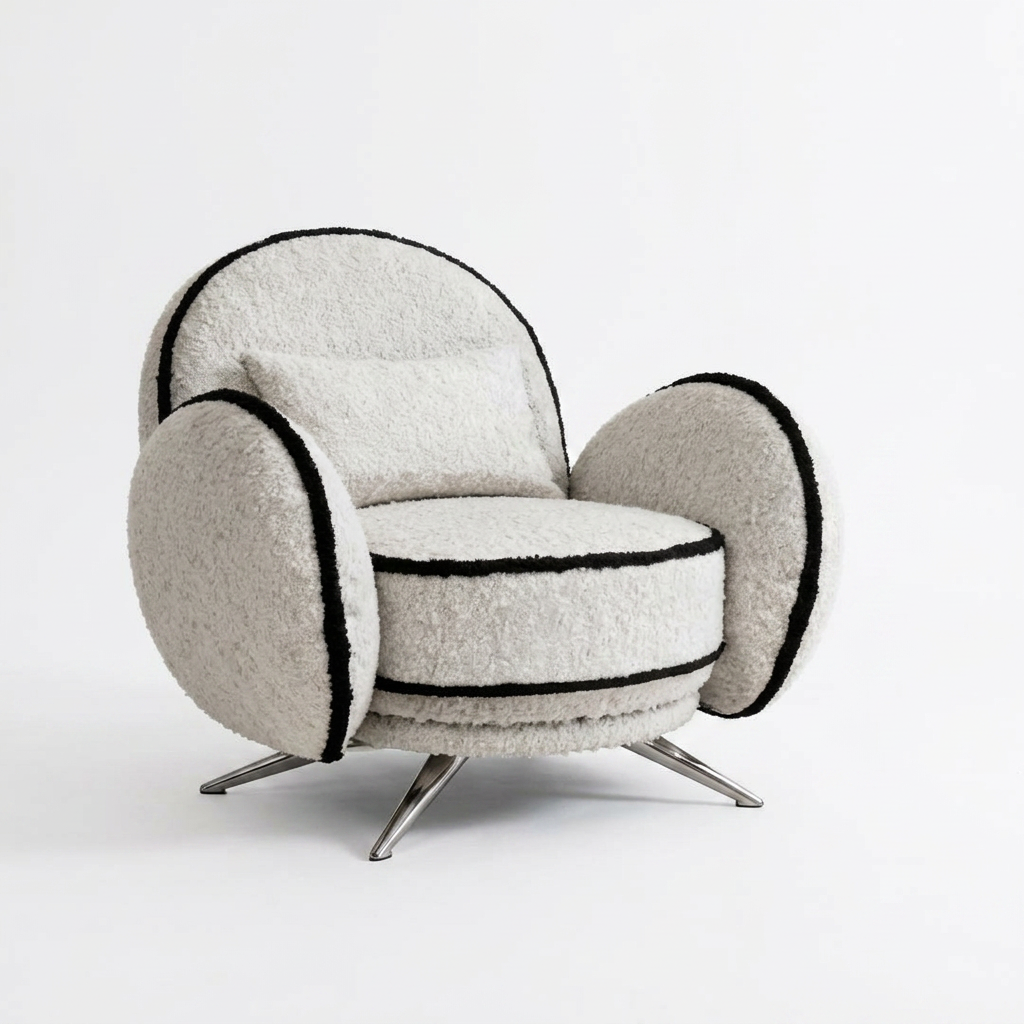 Cream Sherpa Round Armchair Detailed with Black Piping and Silver Star Legs