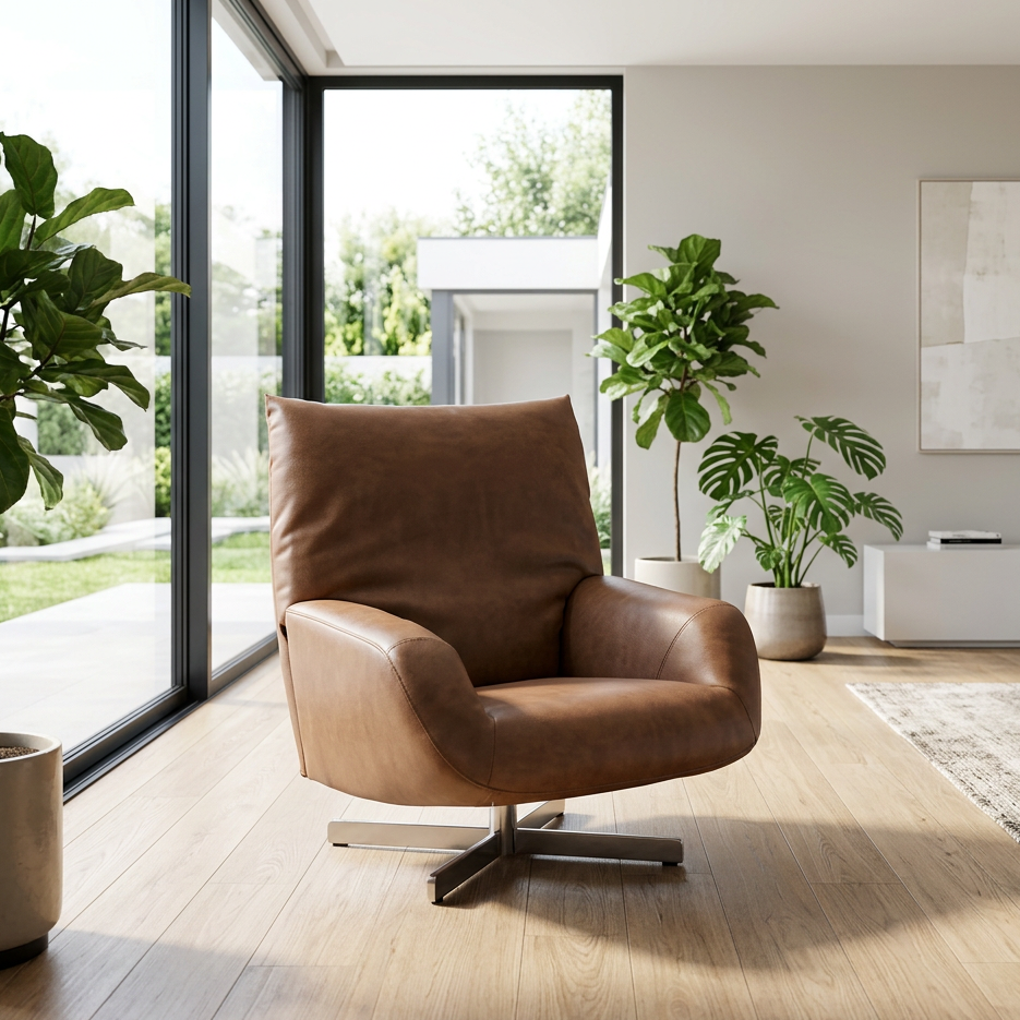 Cognac Leather Swivel Lounge Chair with a High Pillow Back