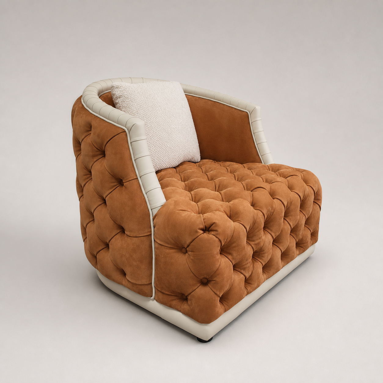 Cognac Tufted Lounge Chair with Ivory Channel-Trim Frame