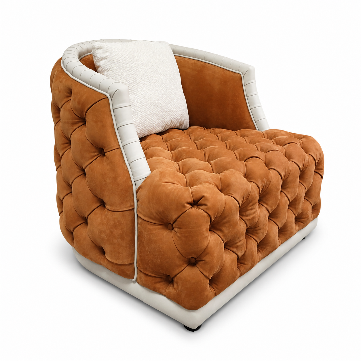 Cognac Tufted Lounge Chair with Ivory Channel-Trim Frame