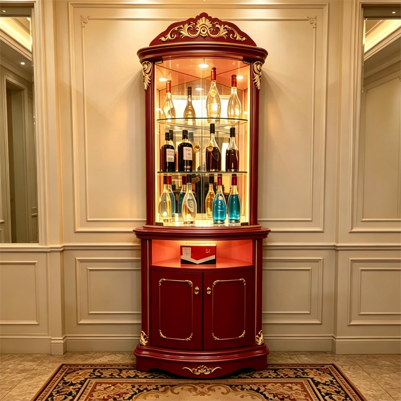 White French Corner Wine Cabinet with Shell Crown and Glass Display