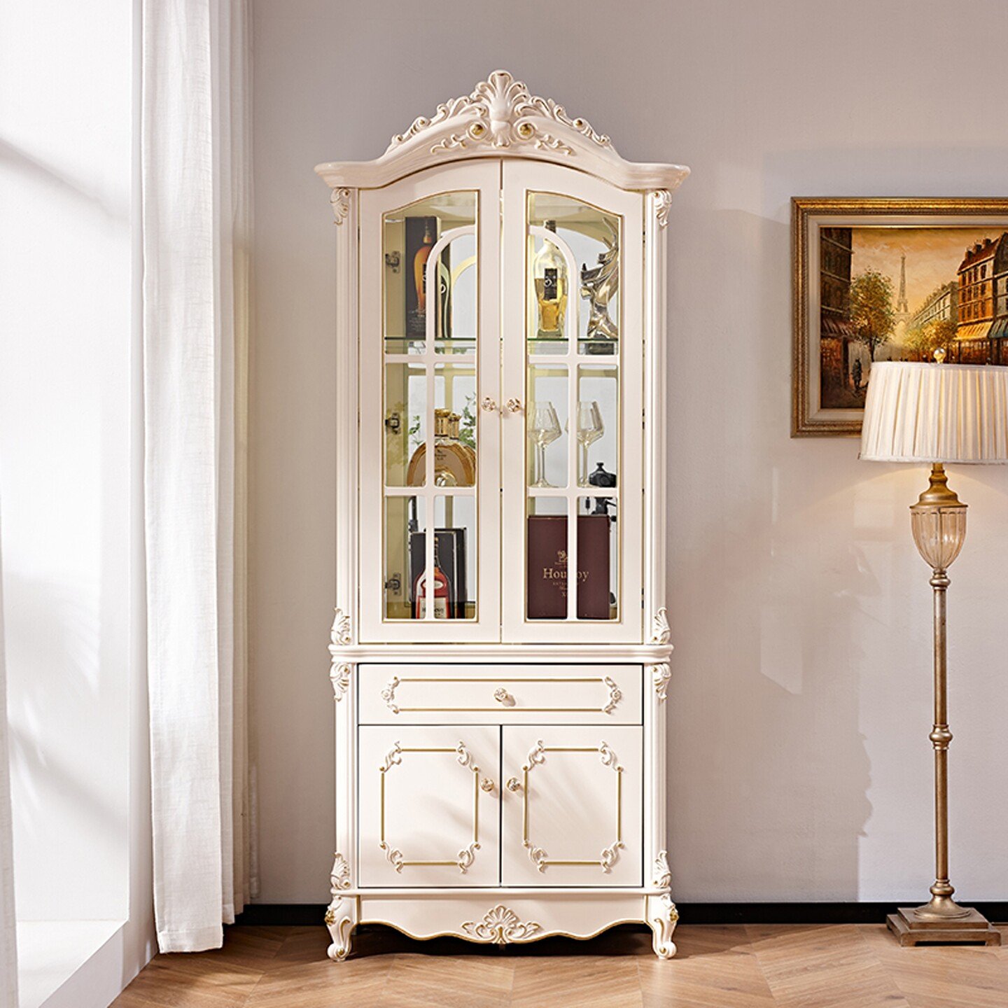 Ivory French Wine Cabinet with Arched Glass Doors and Crown Carving