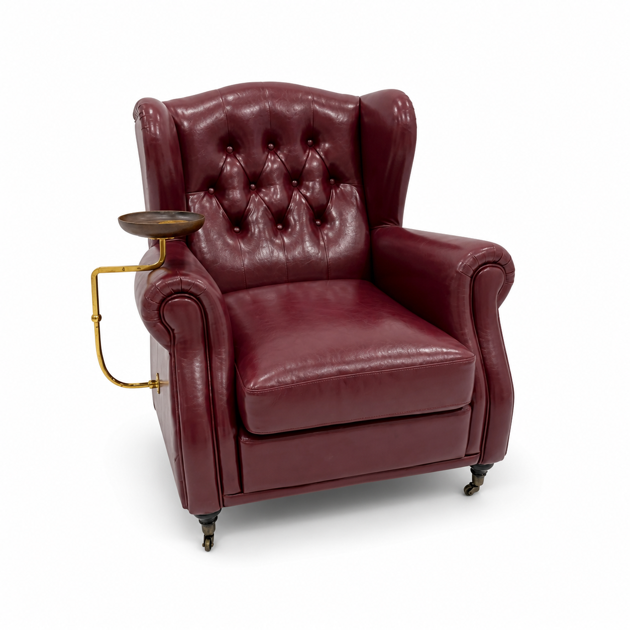 Burgundy Tufted Club Chair with Rolled Arms and Caster Feet
