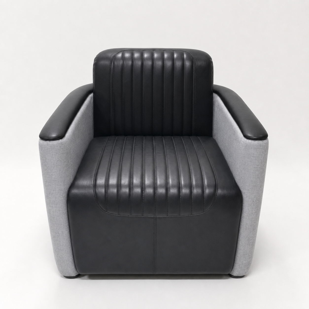Black Channel-Tufted Tub Chair Wrapped in a Grey Outer Shell