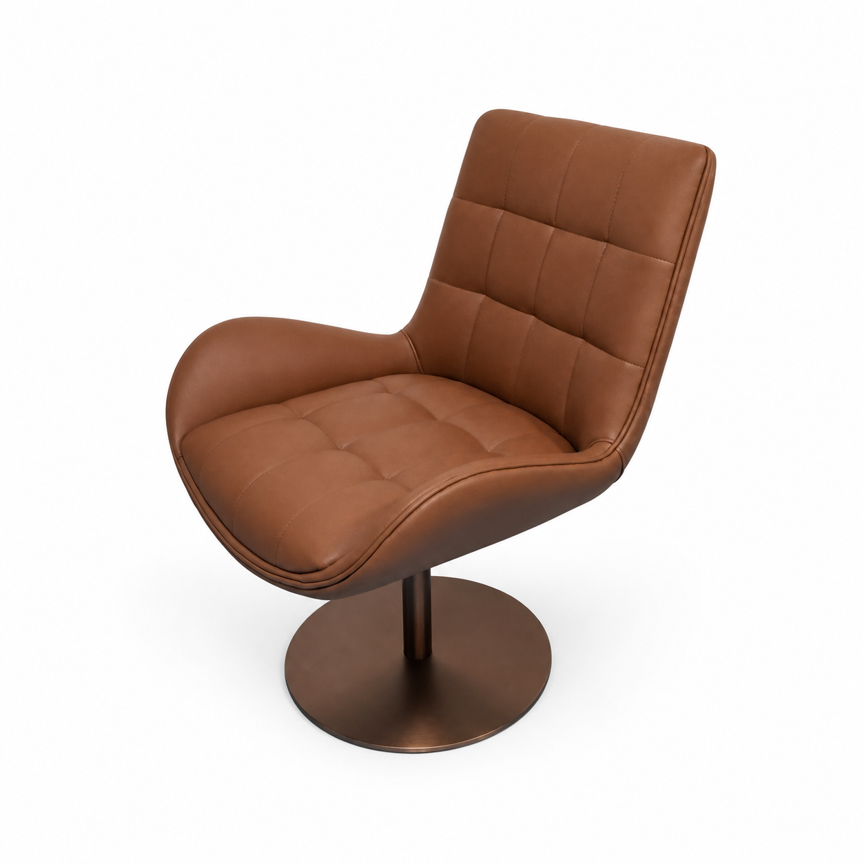 ​Cognac Grid-Tufted Swivel Chair on a Round Disc Base