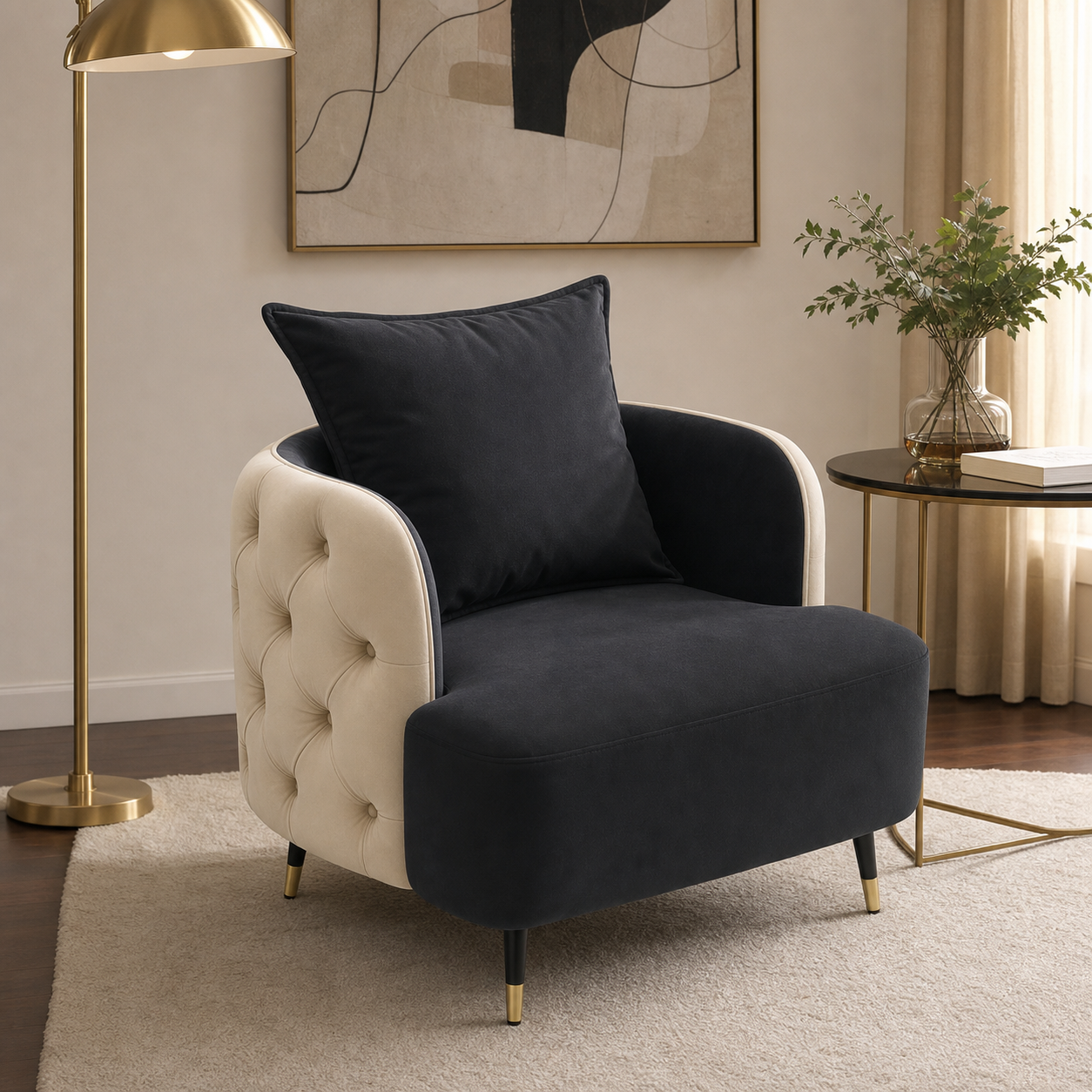 Black Lounge Chair Wrapped by Cream Tufted Outer Arms