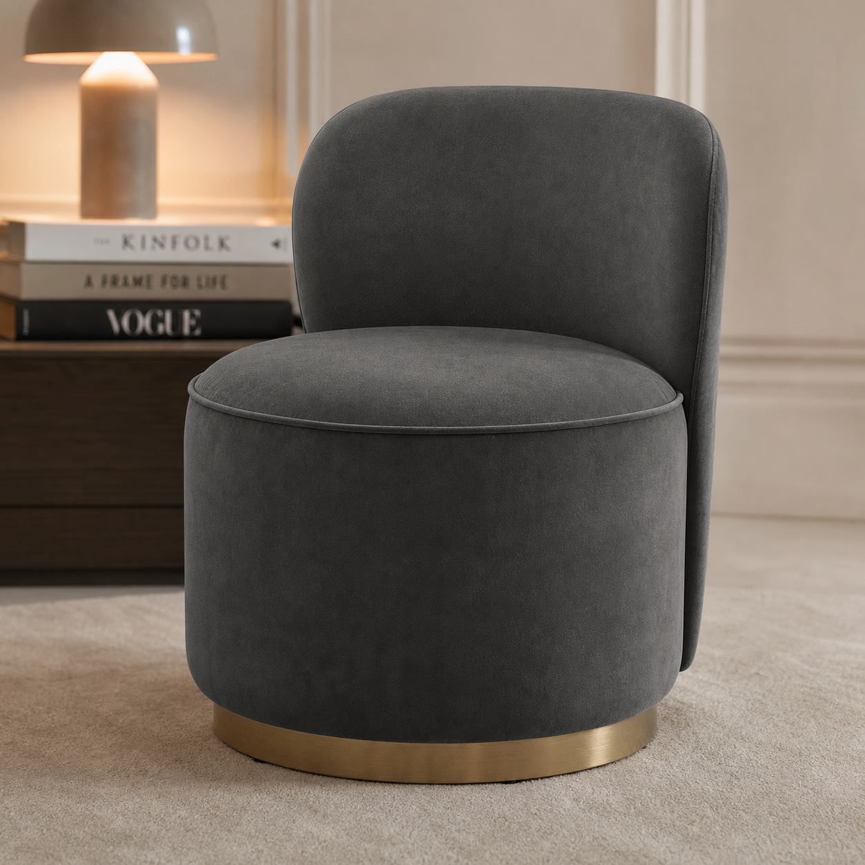 Blush Pink Barrel Vanity Chair on a Gold Plinth Base