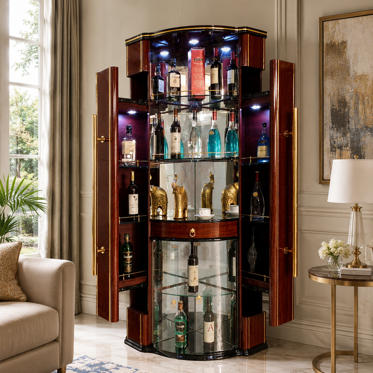 Grand Mirrored Bar Cabinet with Opening Side Towers
