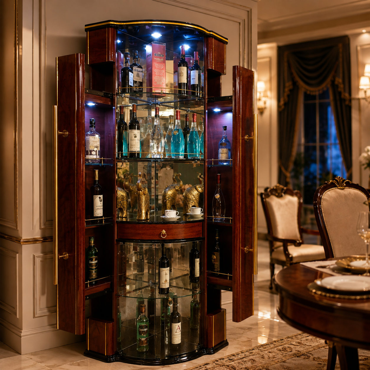 Grand Mirrored Bar Cabinet with Opening Side Towers