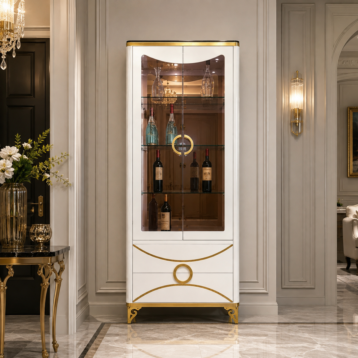 White Gold Wine Cabinet Defined by Circular Pull Handles