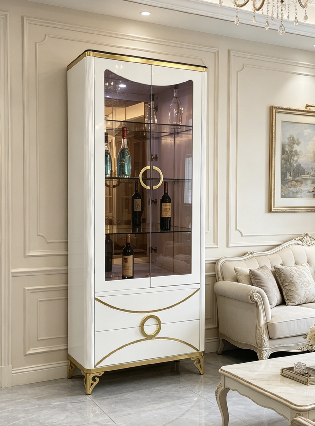White Gold Wine Cabinet Defined by Circular Pull Handles