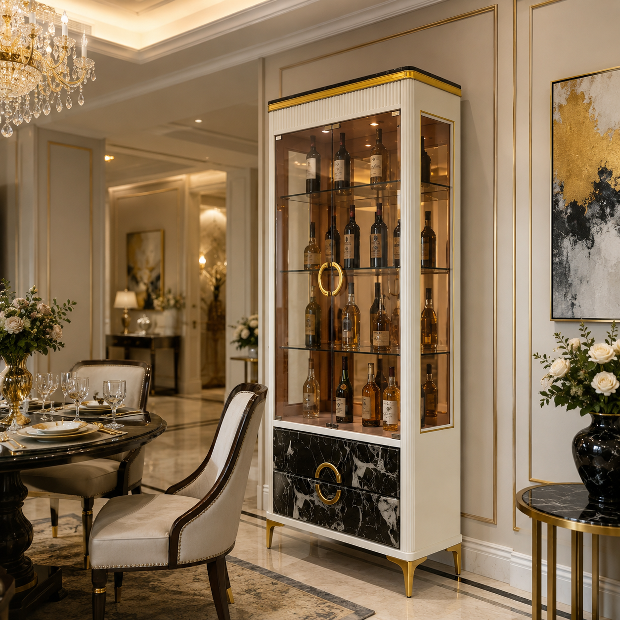 Fluted White Wine Cabinet with Bronze Glass and Marble-Look Drawer