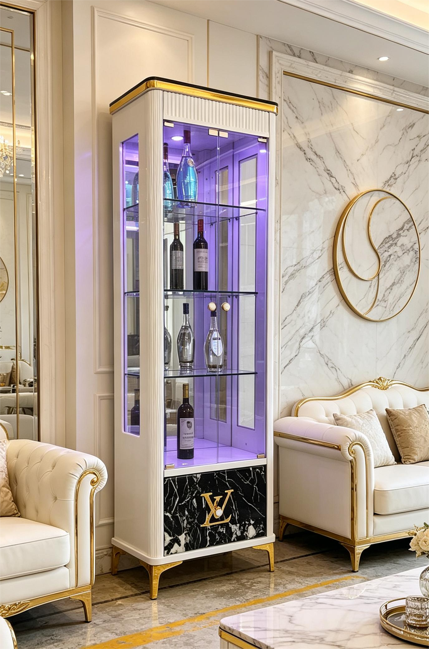 Fluted White Wine Cabinet with Bronze Glass and Marble-Look Drawer
