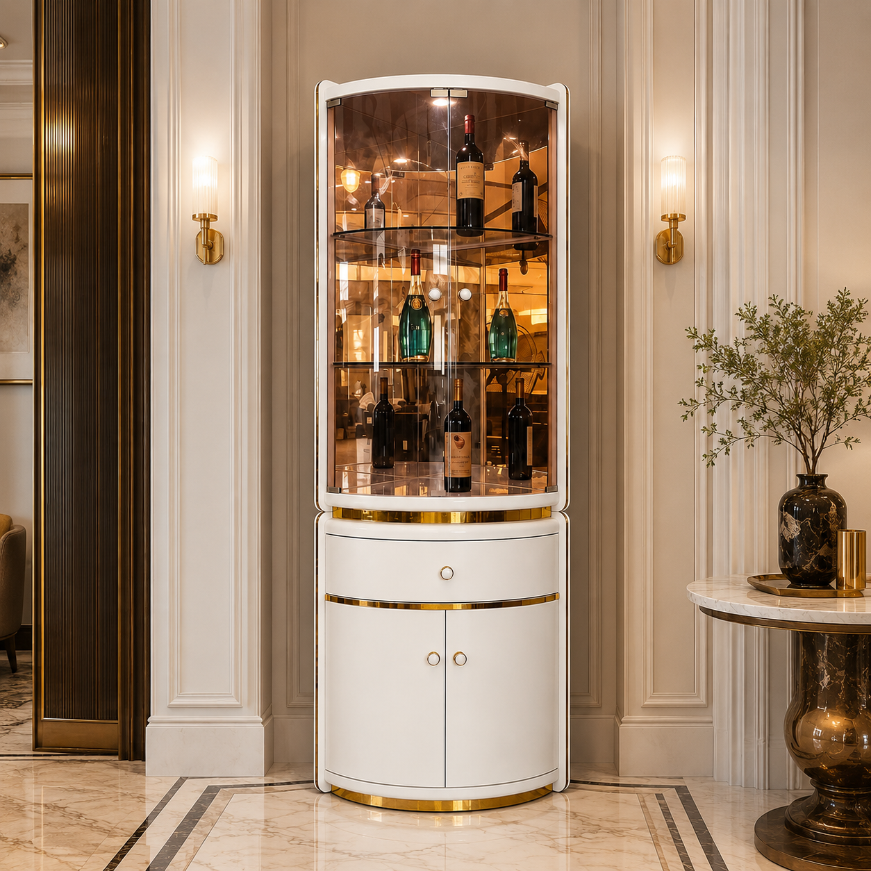 Curved Ivory Wine Cabinet with Amber Glass Display Front