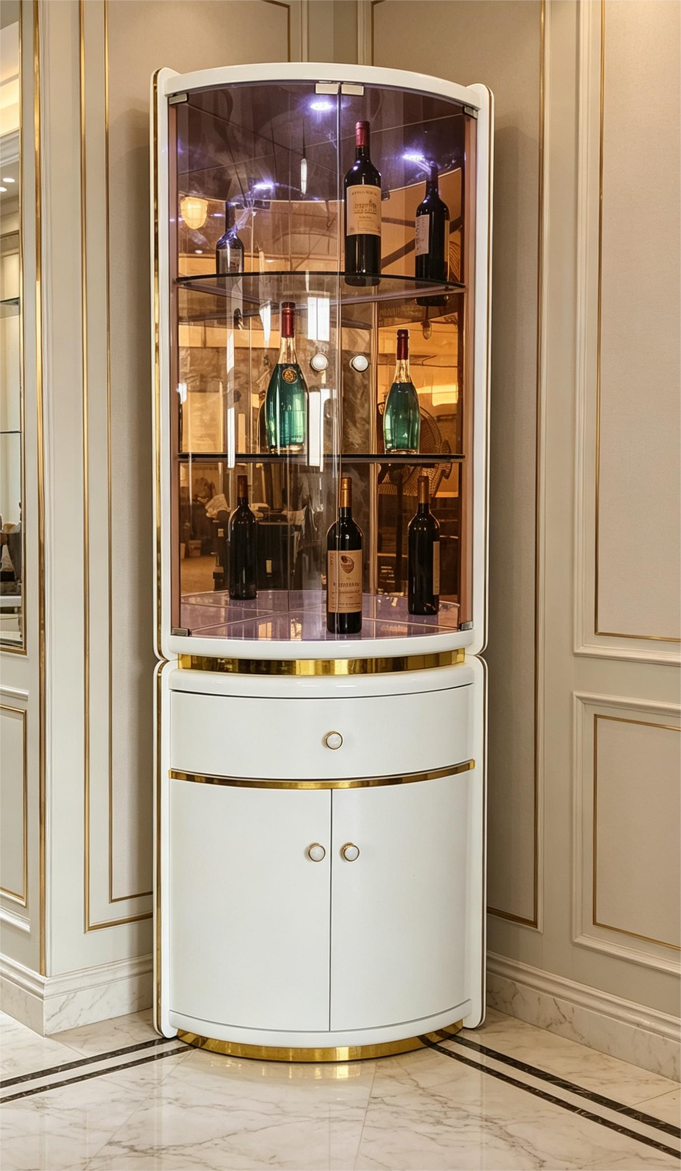 Curved Ivory Wine Cabinet with Amber Glass Display Front