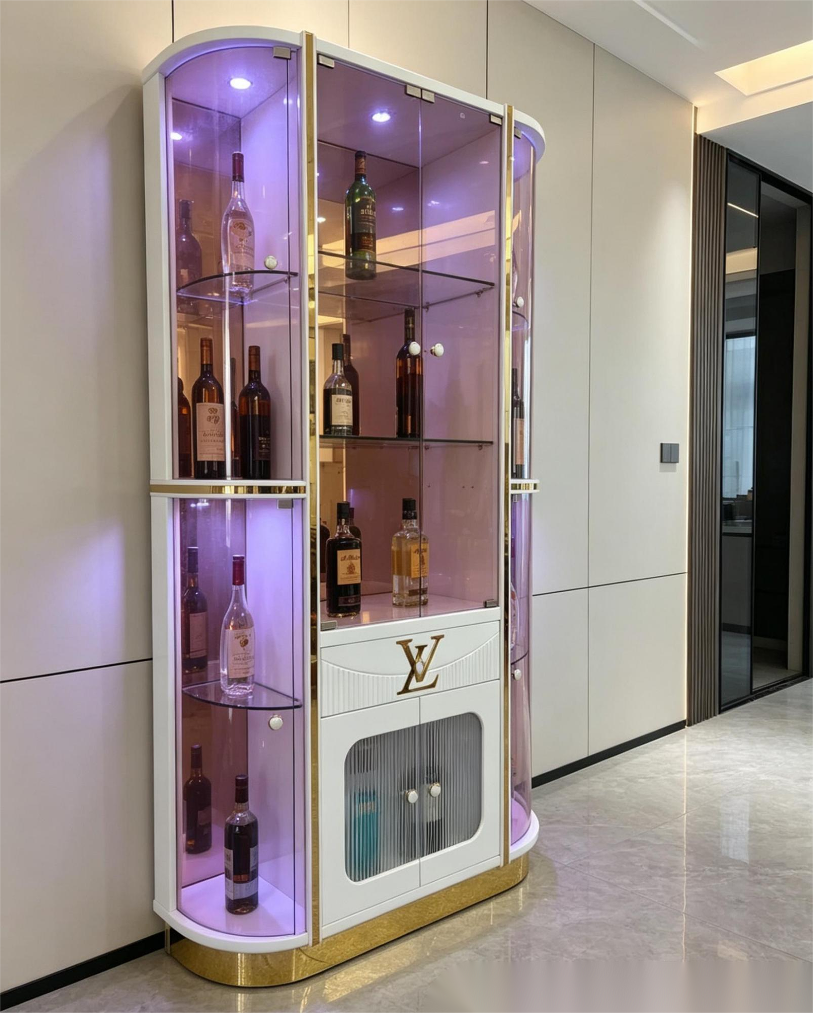 White Bar Cabinet with Purple Glass Side Display Towers