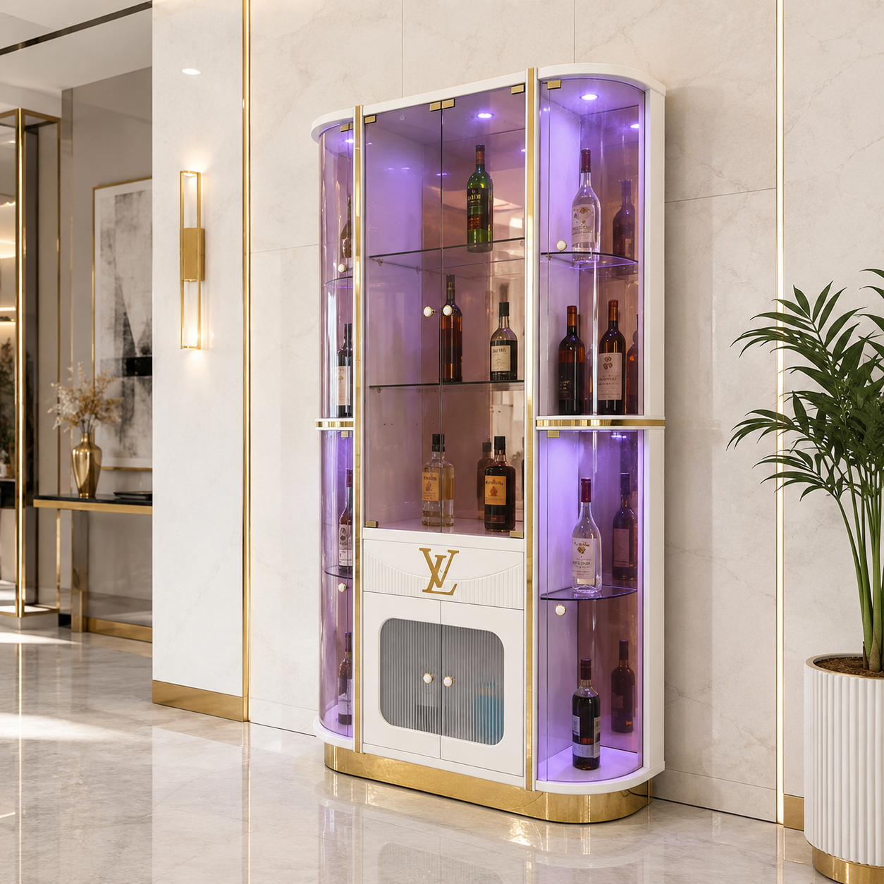 White Bar Cabinet with Purple Glass Side Display Towers
