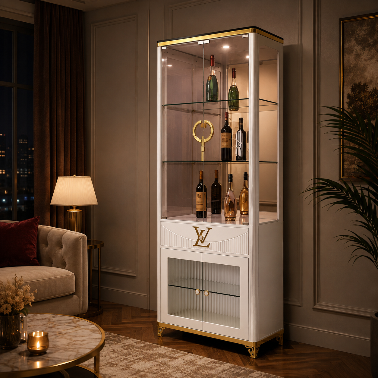 Tall White Display Wine Cabinet with Fluted Lower Doors