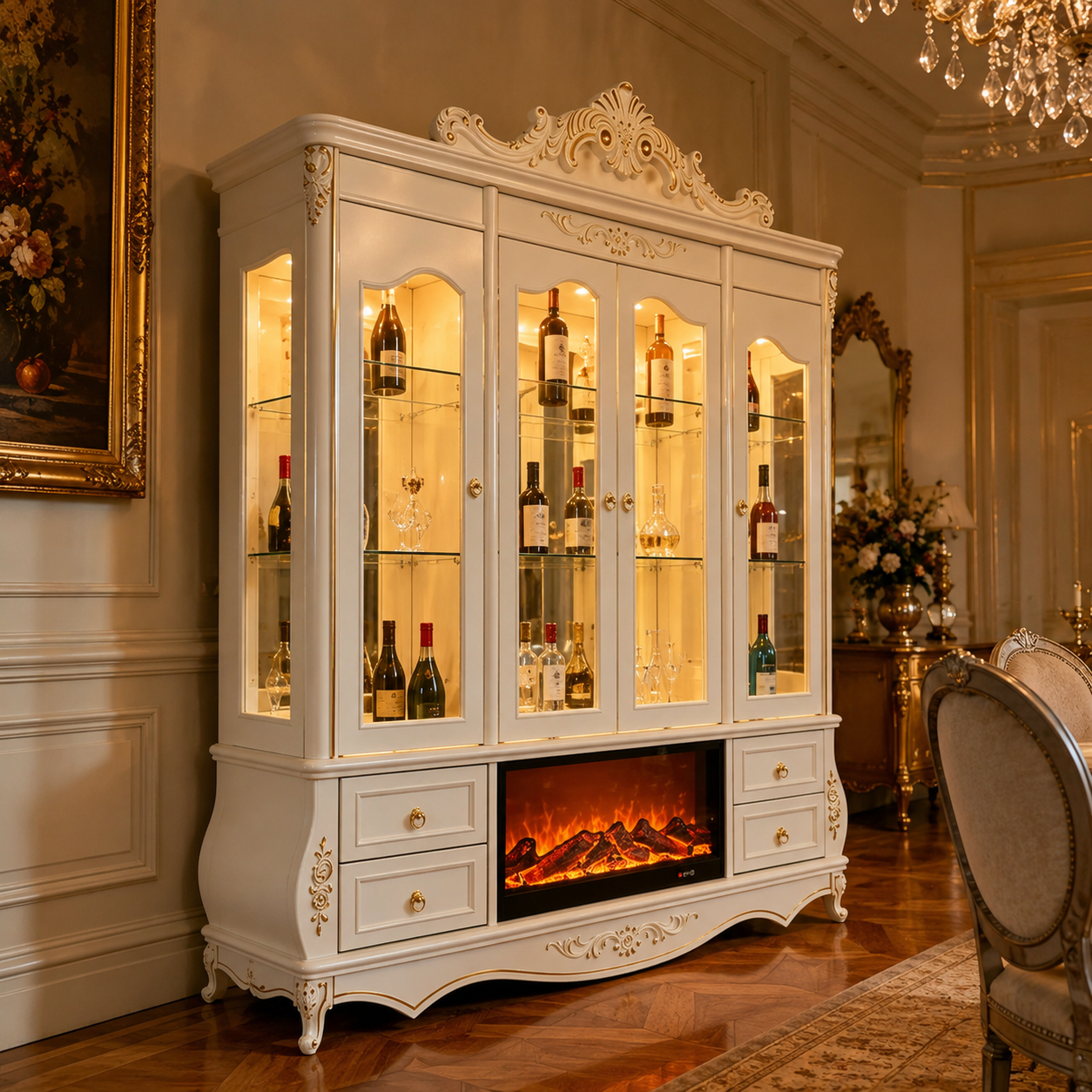 Grand French Wine Wall Cabinet with Fireplace Center