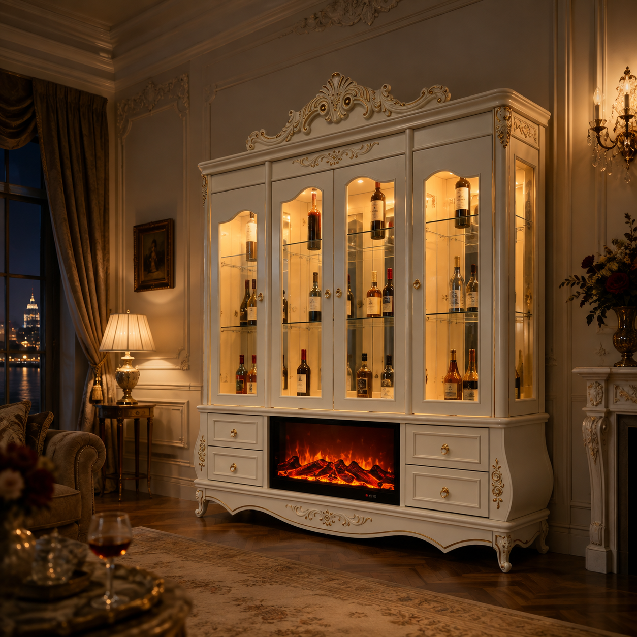 Grand French Wine Wall Cabinet with Fireplace Center