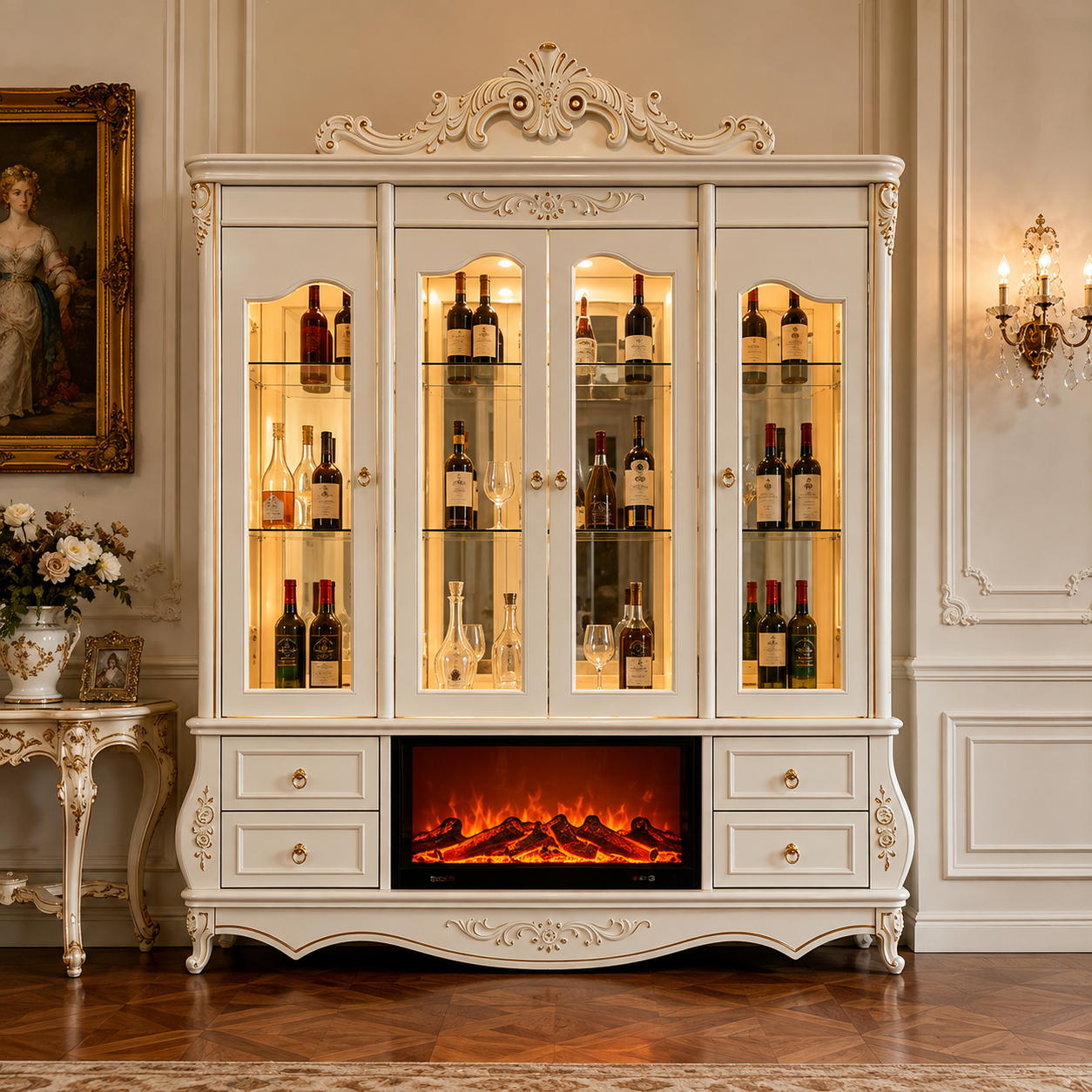 Grand French Wine Wall Cabinet with Fireplace Center