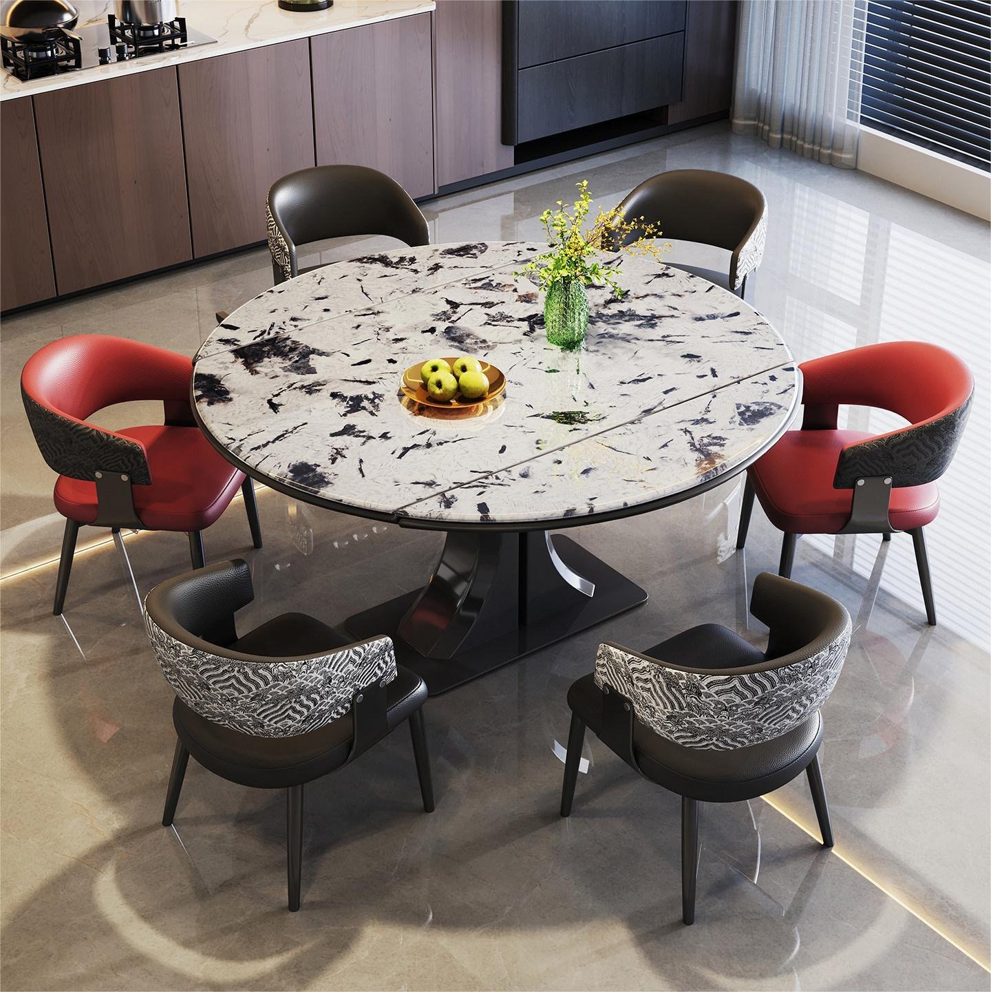 Cloud Vein Luxury Stone Folding Round Table with Sculpted Stainless Steel Base