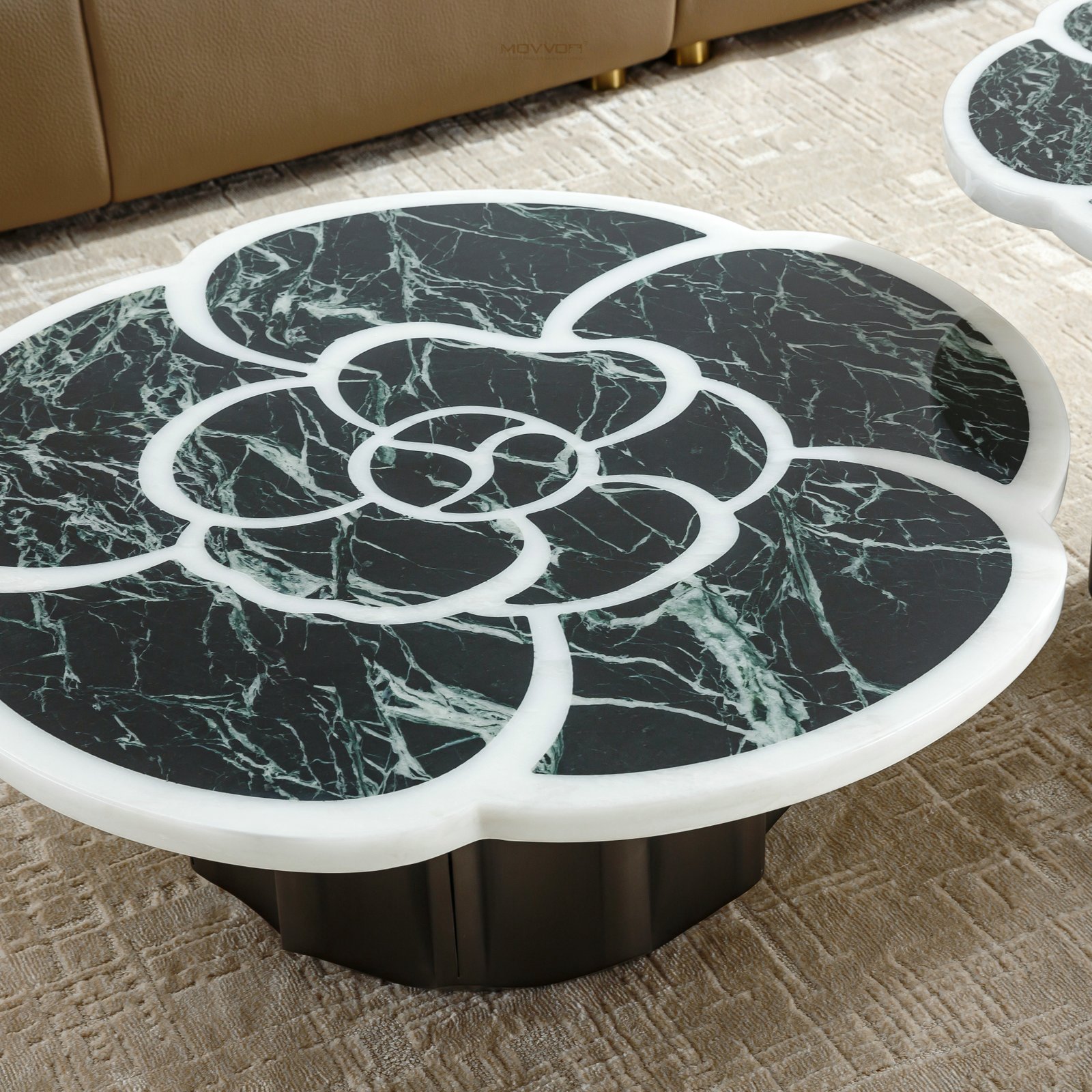 Black Green Round Coffee Tables with Petal Inlay Tops