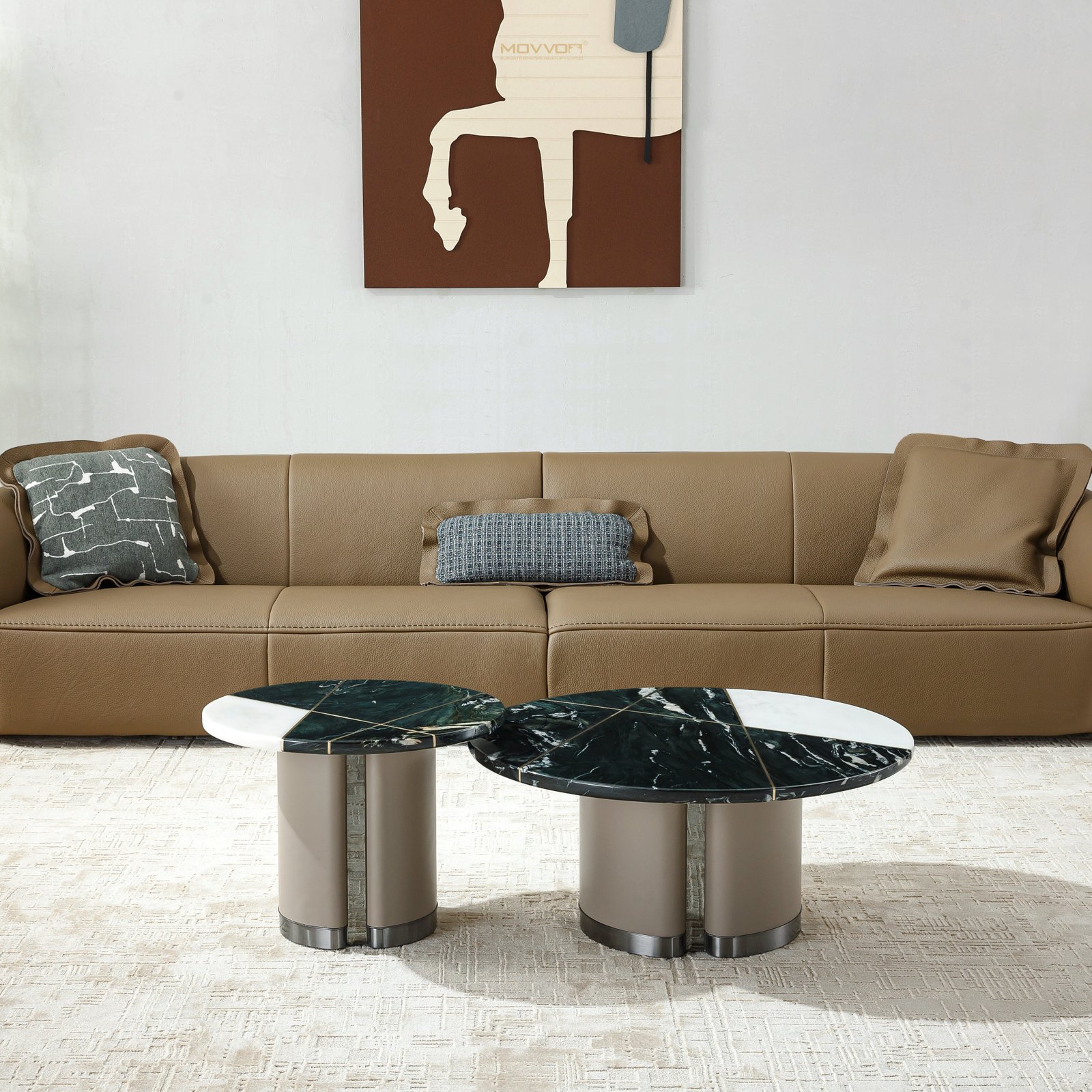 Green Geometric Round Coffee Tables with White Half-Moon Inlay
