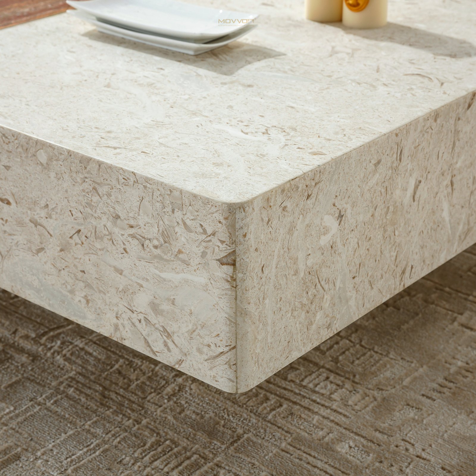 ​Cream Block Coffee Table with Red Travertine-Look Center Inlay
