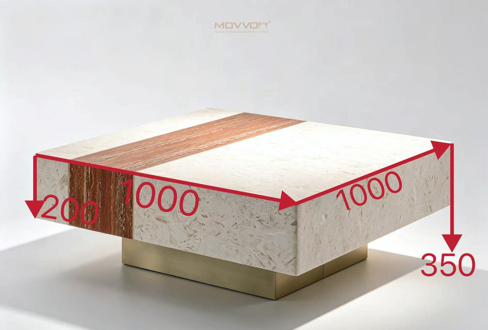 ​Cream Block Coffee Table with Red Travertine-Look Center Inlay