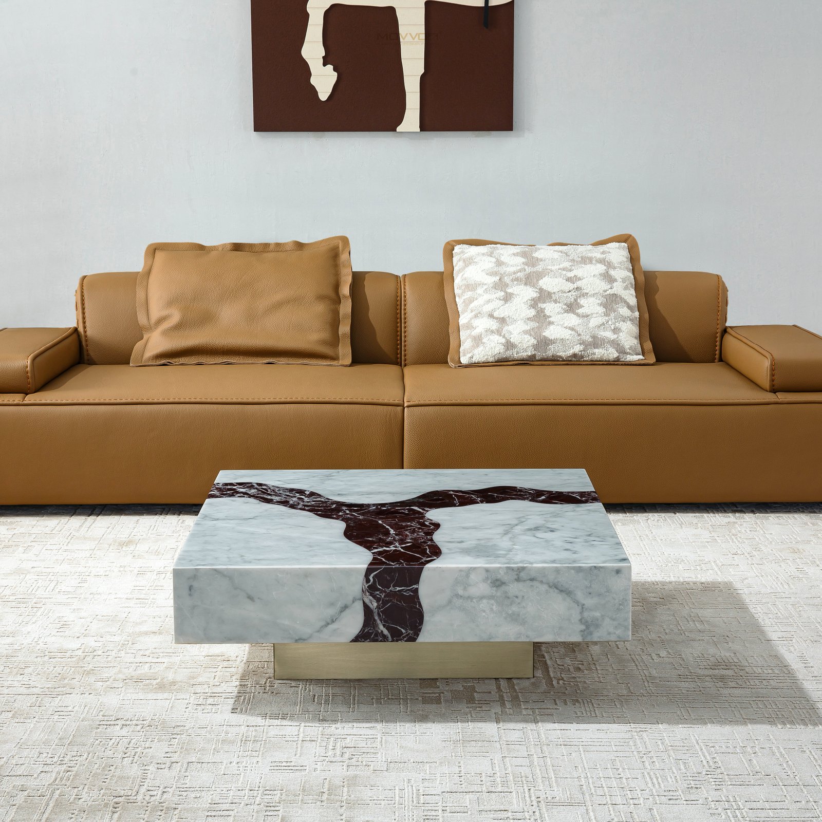 White Marble-Look Square Coffee Table with Burgundy Cross Vein