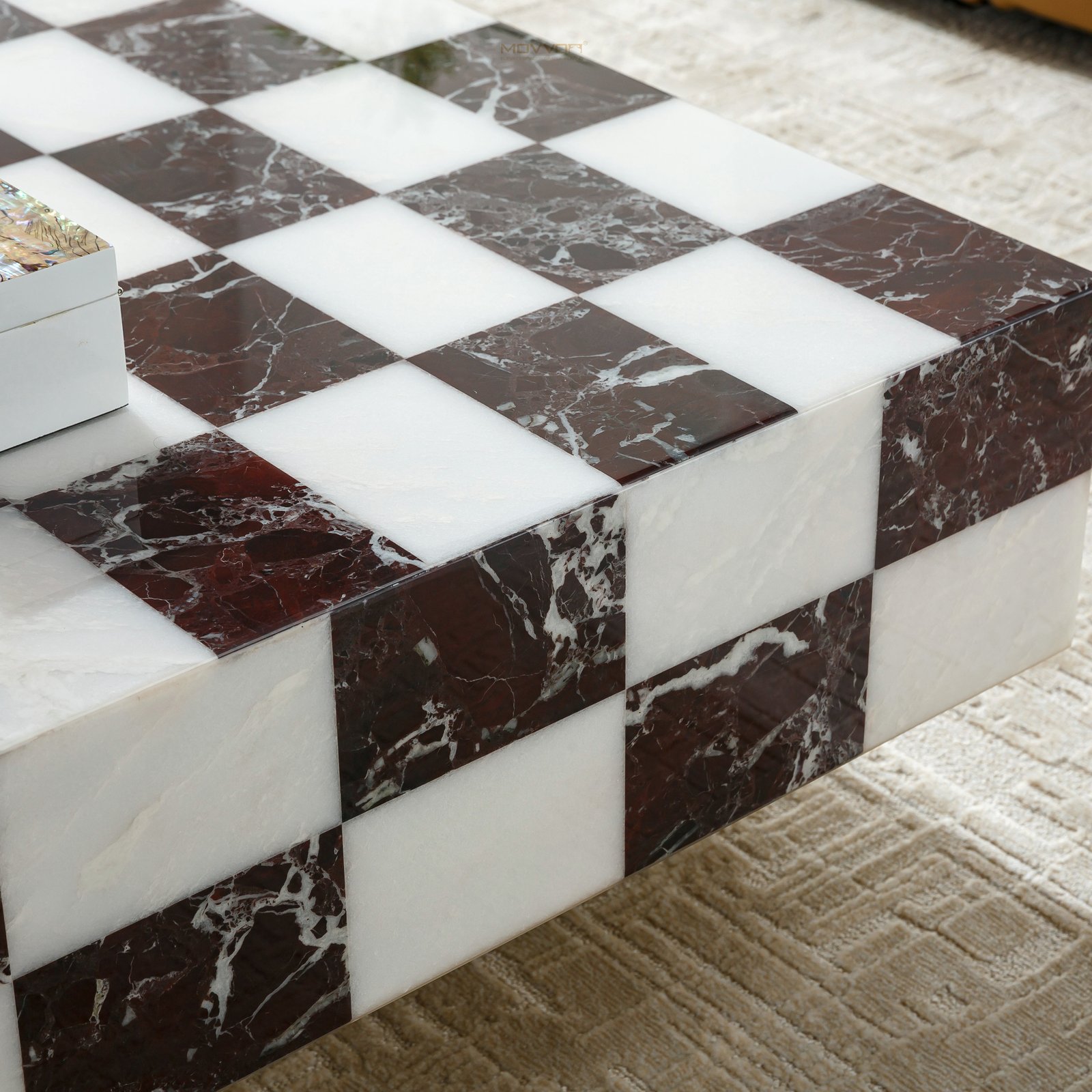 Burgundy and White Checkerboard Stone-Look Block Coffee Table