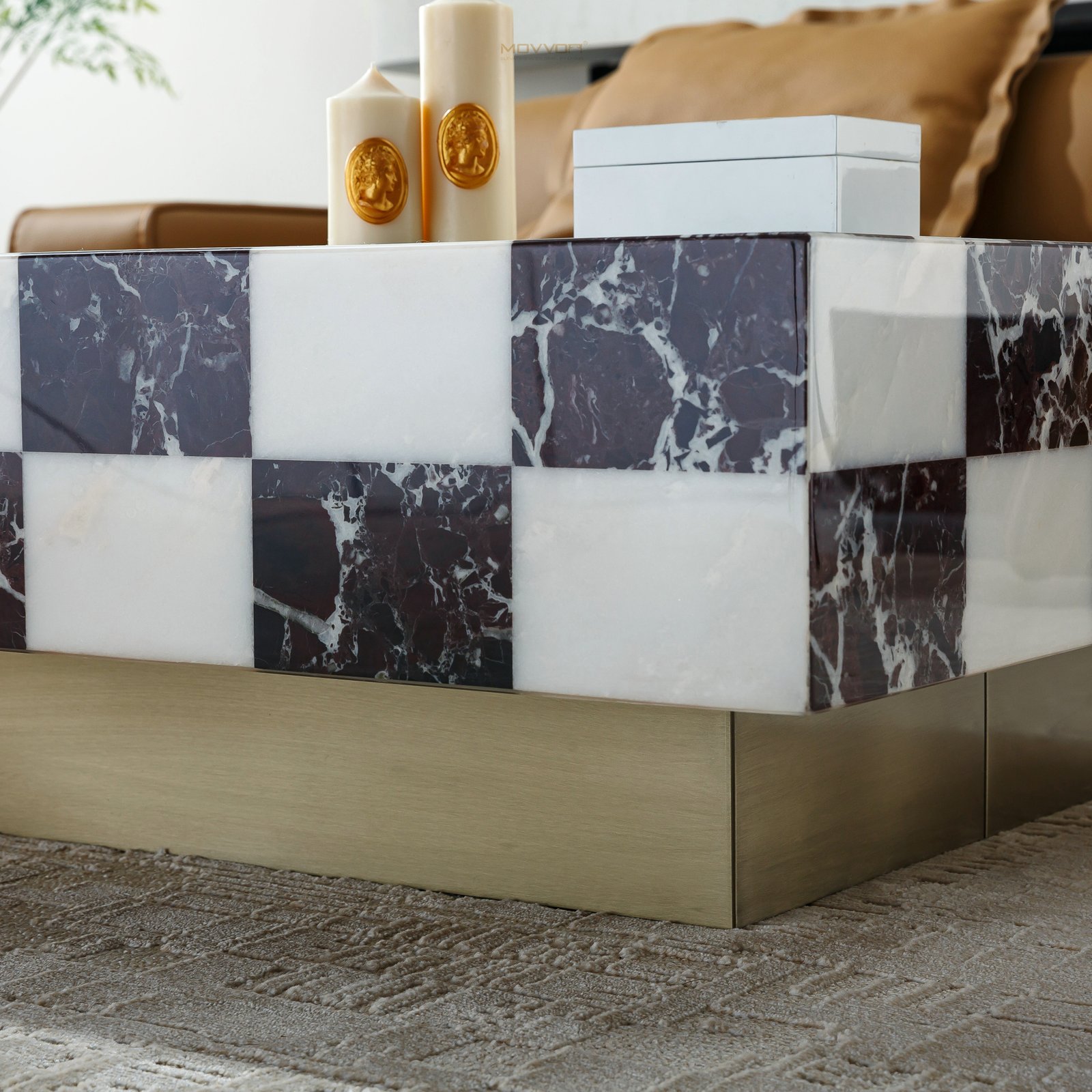 Burgundy and White Checkerboard Stone-Look Block Coffee Table