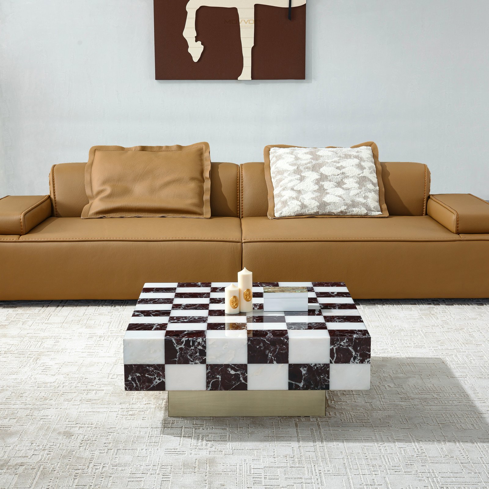 Burgundy and White Checkerboard Stone-Look Block Coffee Table