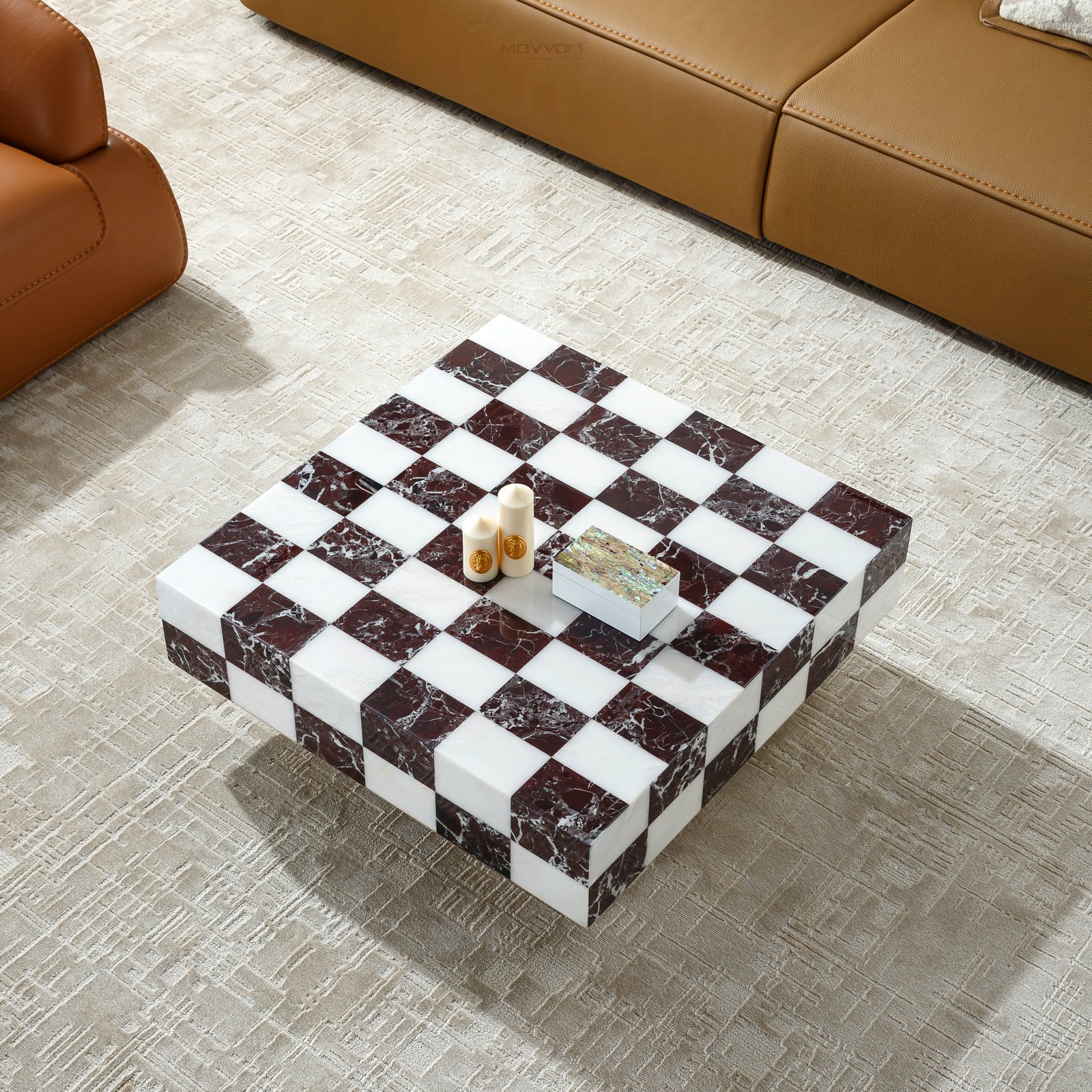 Burgundy and White Checkerboard Stone-Look Block Coffee Table