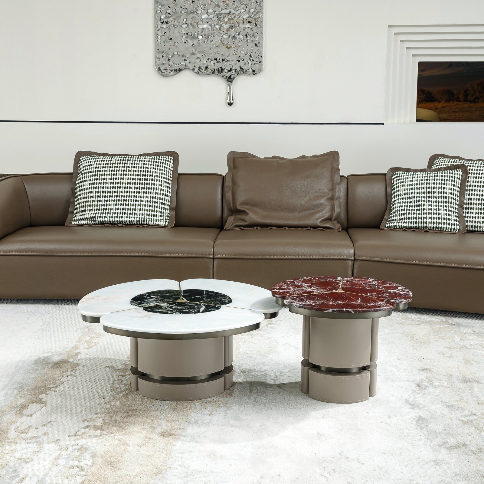 White Round Nesting Coffee Tables with Black Floral Inlay
